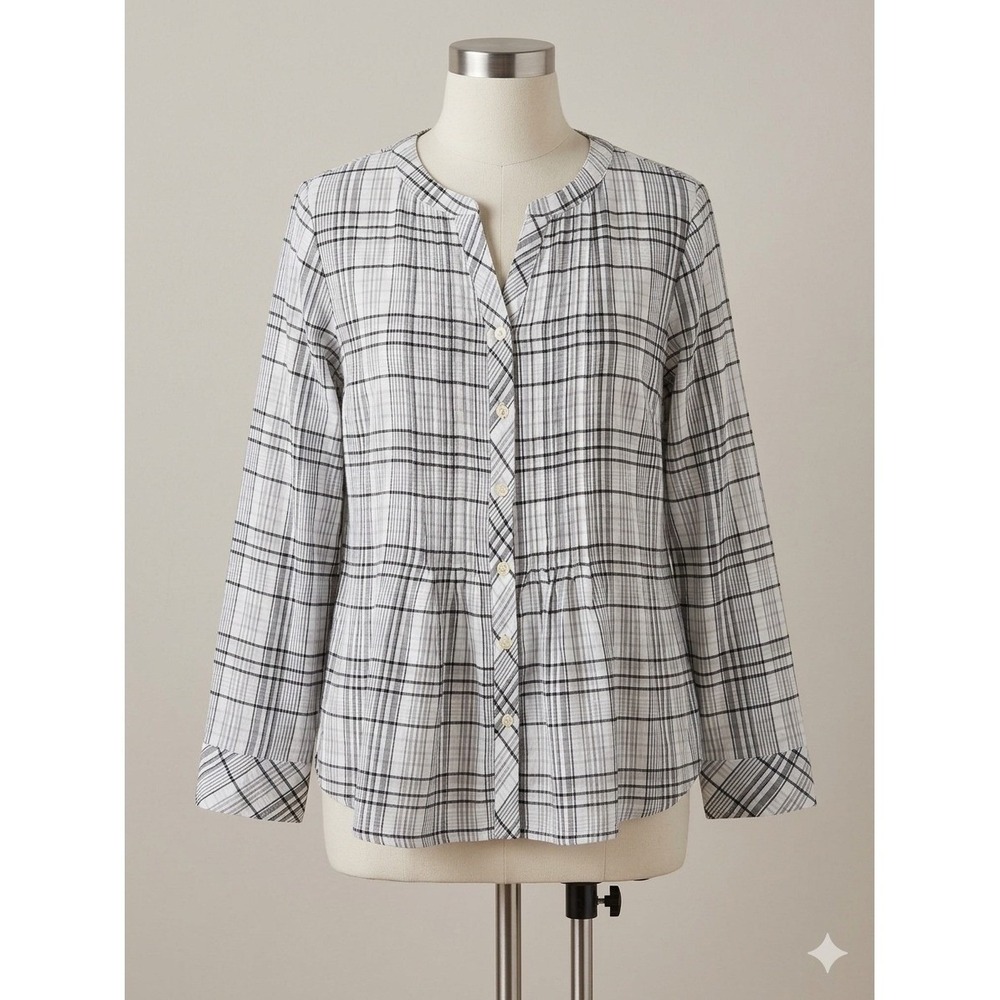 Croft & Barrow XL Grey White Plaid Peplum Button Down Top Long Sleeve Blouse